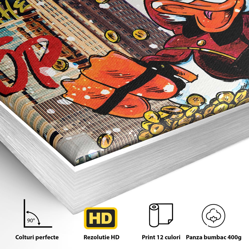 Detaliu al suprafetei: tablou canvas cu scrooge mcduck pe munte de bani, in rama de aluminiu argintiu